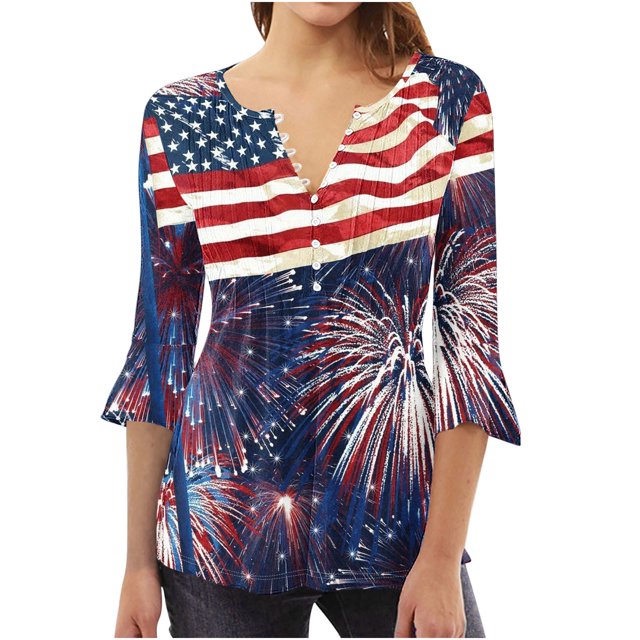Blusas de Algodón para las Mujeres Impresas 3/4 Mangas V-Cuello Camiseta, Blusa de Algodón de Imitación Casual para las Mujeres
