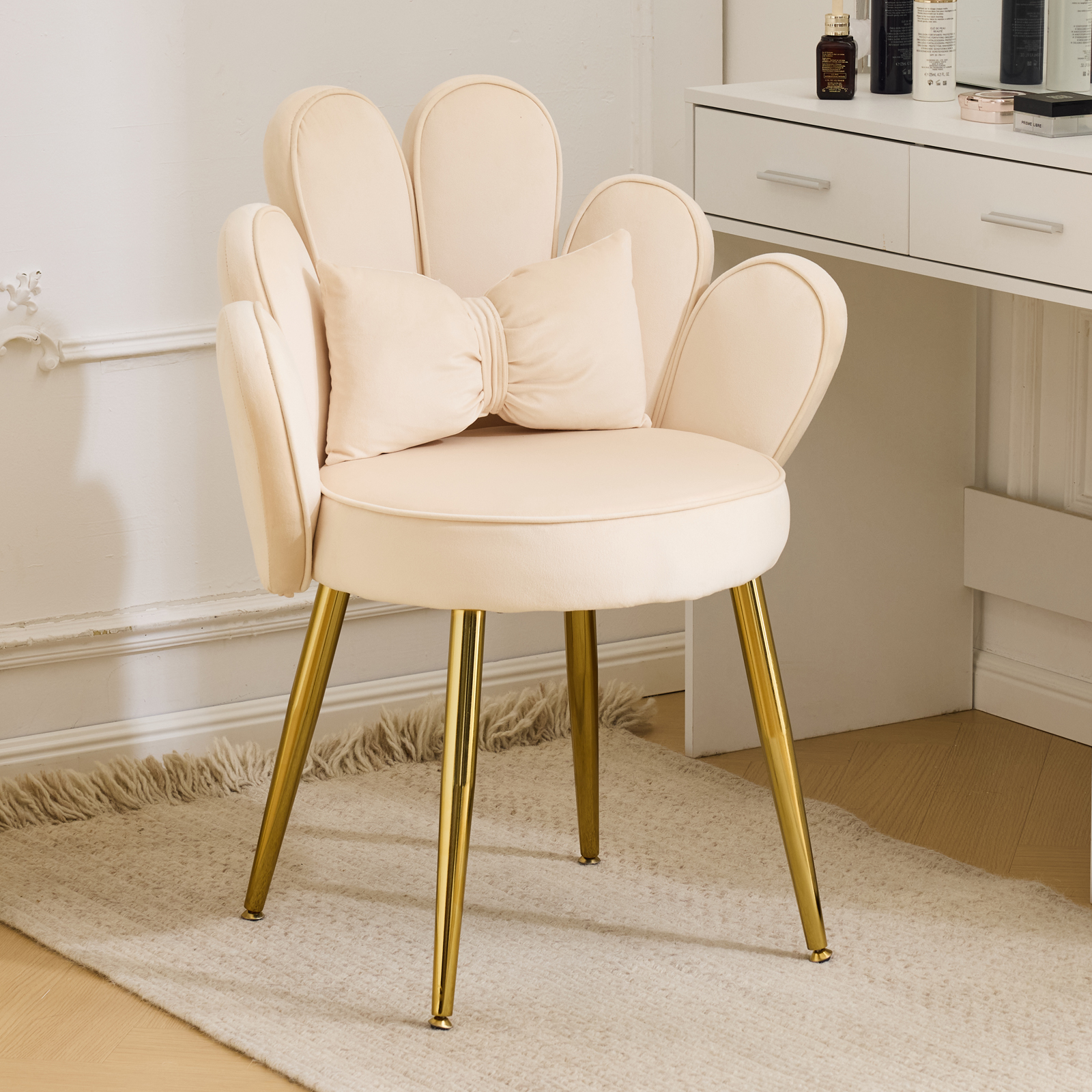 Ktaxon Vanity Makeup Chair Comfy Accent Chair Small Office Chair with Flower Back and Lumbar Pillow for Living Dining Room Bedroom Home Office Velvet Beige