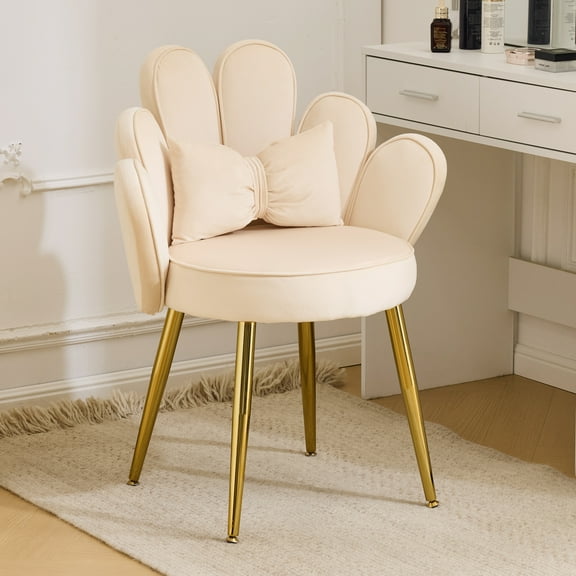 Ktaxon Vanity Makeup Chair Comfy Accent Chair Small Office Chair with Flower Back and Lumbar Pillow for Living Dining Room Bedroom Home Office Velvet Beige