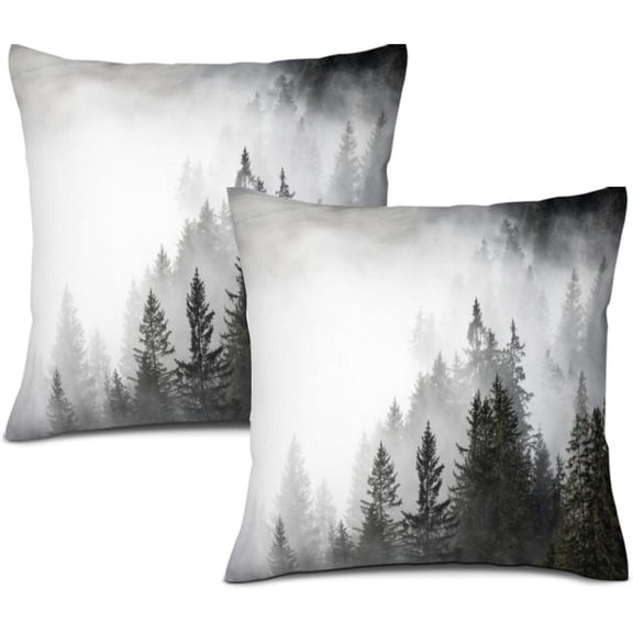 Misty Mountain Pillow Covers Foggy Forest Nature Landscape Printed Throw Pillows Winter Christmas Square Linen Cushion Case for Home Sofa Couch Bed Outdoor 18x18 Set of 2