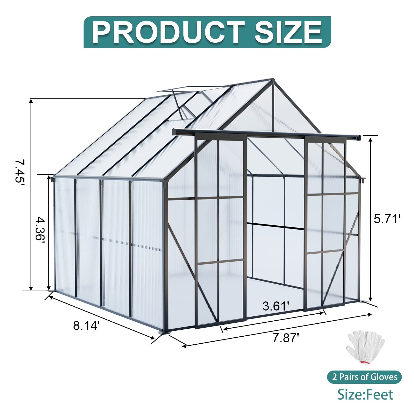 Witaxima 8x8 FT Double Door Polycarbonate Greenhouse with Raised Base, Aluminum Heavy Duty Walk-in Greenhouse for Outdoor Backyard, All Season Use, Black