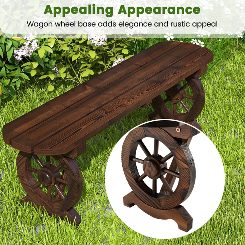 Aimee Lii Patio Rustic Wood Bench with Wagon Wheel Base, Outdoor Patio Furniture Aimee Lii Patio Rustic Wood Bench with Wagon Wheel Base, Outdoor Patio Furniture