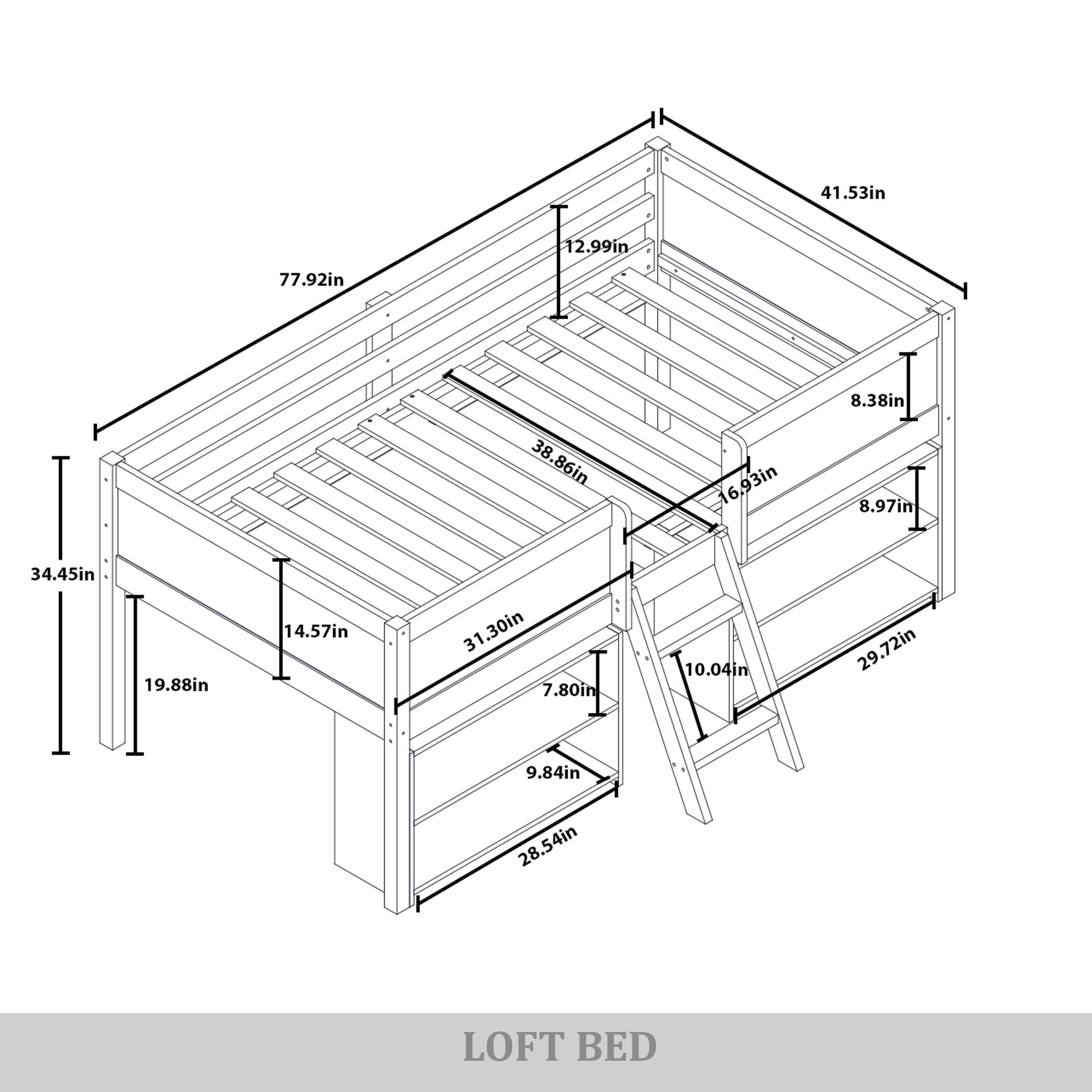 Castle Place Modern Twin Loft Bed with Storage Rack, White