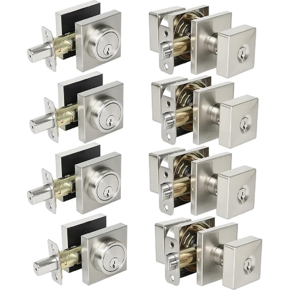 Cielsa Dawn Square Single Cylinder Deadbolt Lock and Door Knob Set,Keyed Alike Door Locks for Front Door.(Satin Nickel,4pack-Set)