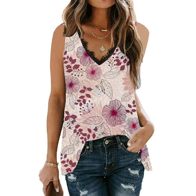 Mefallenssiah Camisole Haut Sans Manches à Col en V en Dentelle Patchwork Imprimé pour Femmes