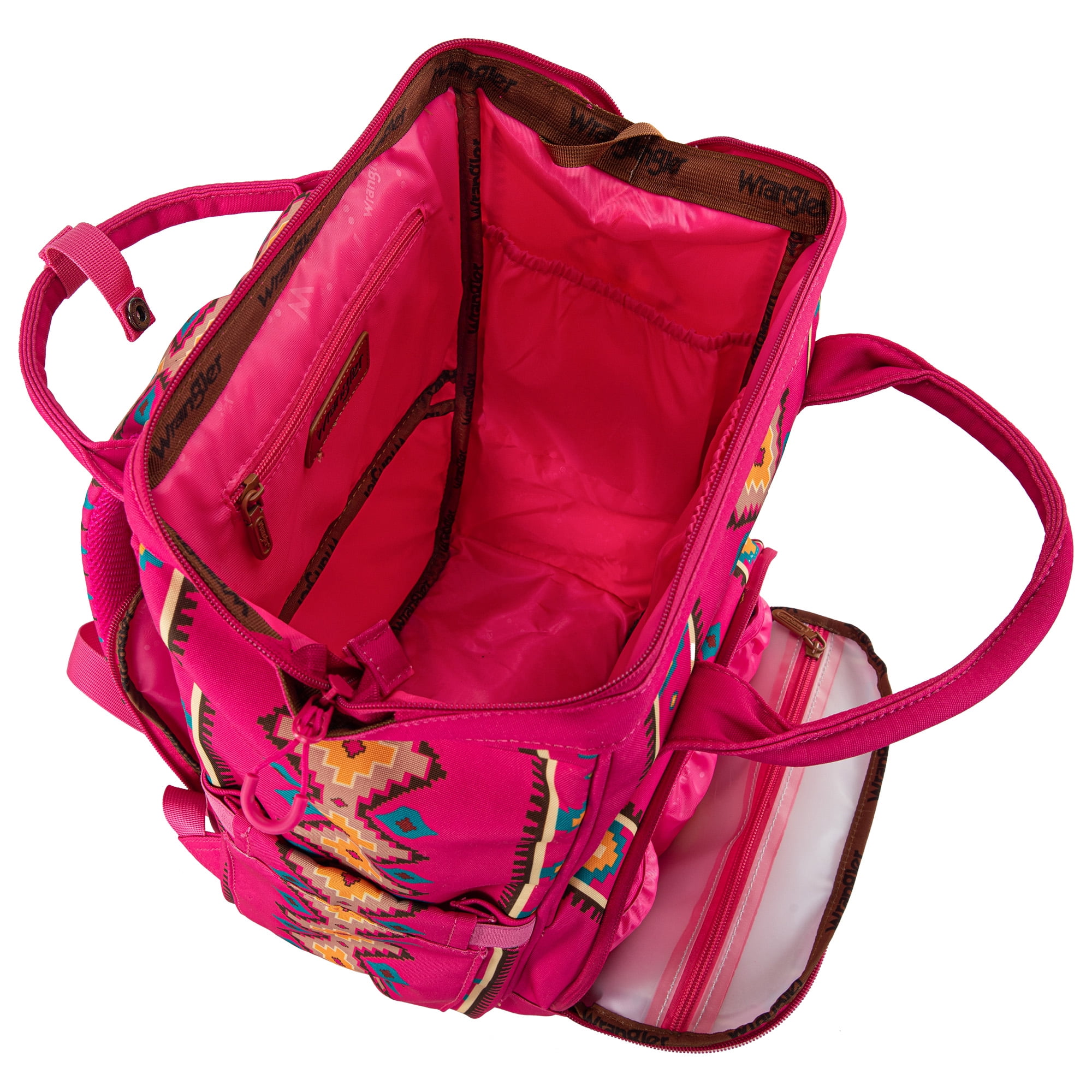 Wrangler Aztec Travel Backpack Baby Bag for Women with Stroller Strap and Side Bottle Pockets Organized Diaper Bag, Hot Pink