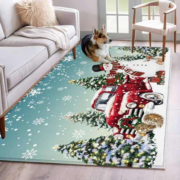 Teal Christmas Snowman Area Rug 4x6 Washable Rug Non Slip Xmas Truck Tree Snowflake Large Area Rug Indoor Floor Carpet for Entryway Bedroom Kitchen Living Room Home Office Dining Room Nursery