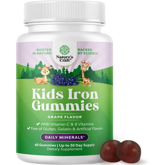 Natures Craft Blood Builder Iron Gummies & Vitamin C Supplement for Kids, 60 Gummies