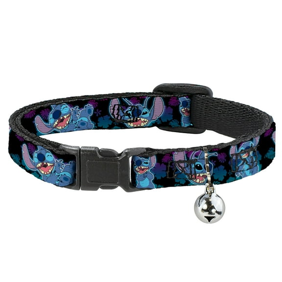 Disney Breakaway Cat Collar With Bell, Plastic Clip, Easy Adjustable, Stitch Expressions and Poses Tropical Black Purple Blue Fade, 8.5 to 12 Inches 0.5 Inch Wide