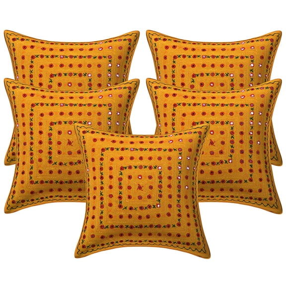 Stylo Culture Ethnic Couch Throw Pillow Covers 16x16 Embroidered Mirror Lace Mango Yellow Bohemian 40x40 cm Bedroom Cotton Geometric Square Cushion Covers | Set Of 5