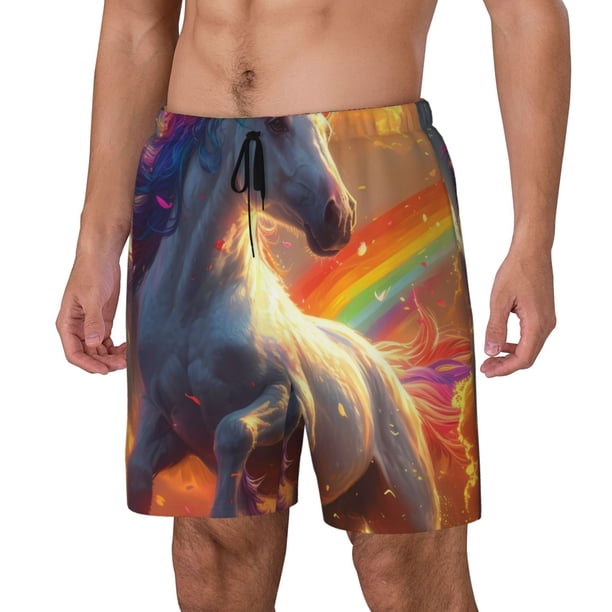 Fotbe Rainbow Sunset Cloud White Horse Traje de Baño para Hombre – Shorts de Natación de Secado Rápido con Forro y Bolsillos-X-Large