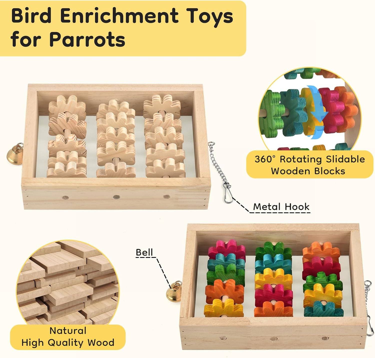 Bird Toys, Hanging Parrot Chew Toy, Natural Wooden Chewing Puzzle Training Blocks for Parrots