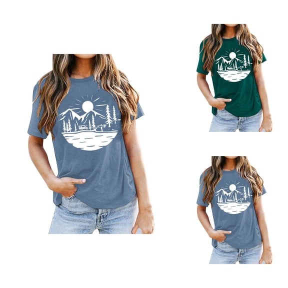 Mountain Graphic Tees for Women Summer Short Sleeve Crewneck Casual Adventure Travel Camping T Shirts
