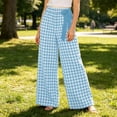 thumbnail image 4 of Miluxas Women's Gingham Plaid Pants Elastic High Waist Wide Leg Pants Tie Bow Decor Loose Casual Trousers with Pockets Summer Beach Loungewear Sky Blue, 4 of 6