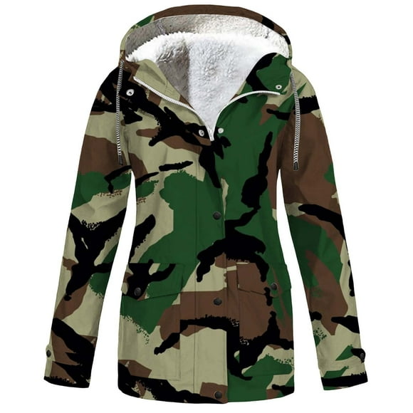 lcziwo Black Friday Deals Womens Camou Rain Coat Lightweight Fleece Lined Rain Jackets with Hood Waterproof Raincoats Trendy Outdoor Trench Coat Outerwear 2024 Multicolor,L