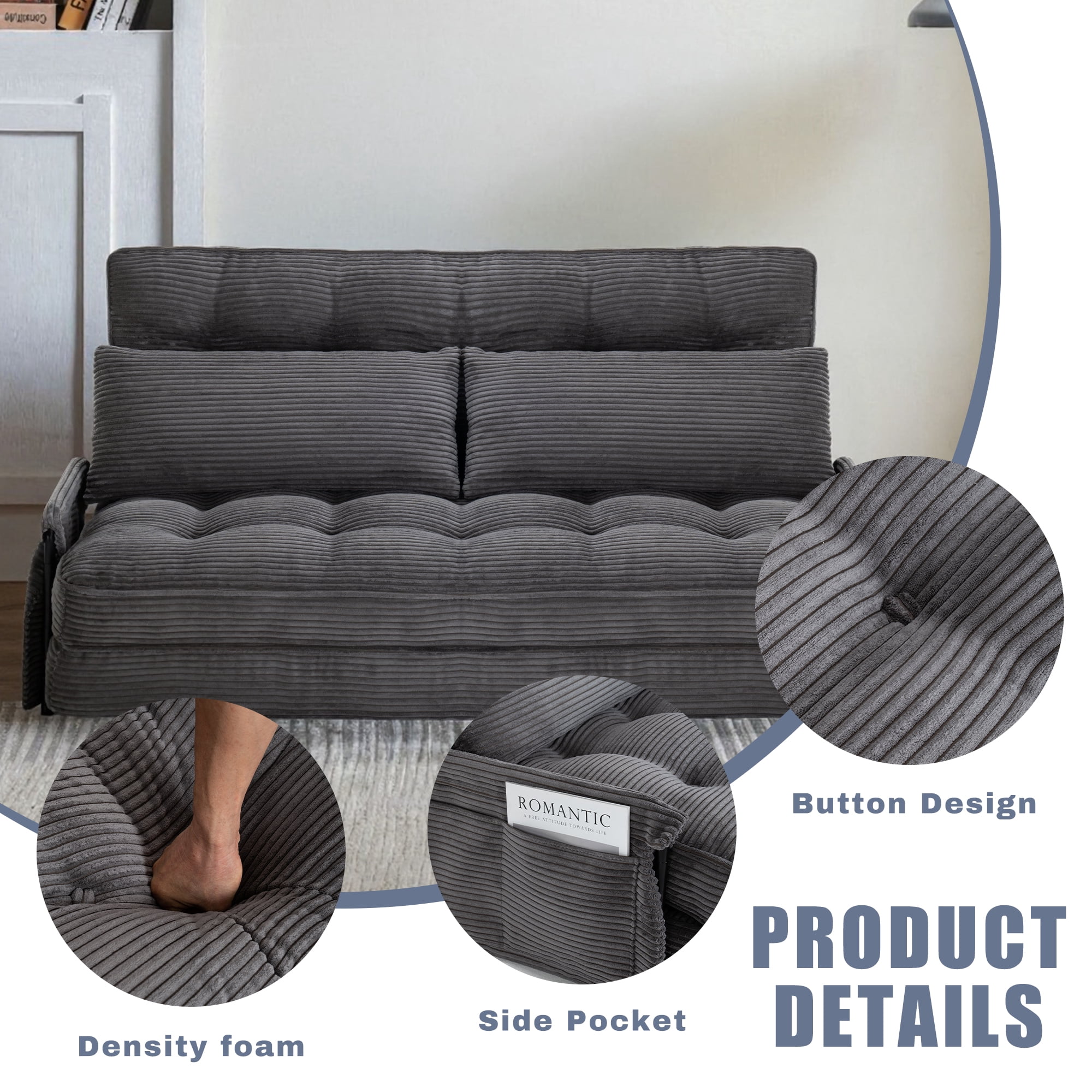 Convertible 5-Position Foldable Lazy Sofa Sleeper Bed with Armrest,Adjustable Floor Sofa Couch with 2 Pillows,Fold Out Floor Couch,Dark Grey
