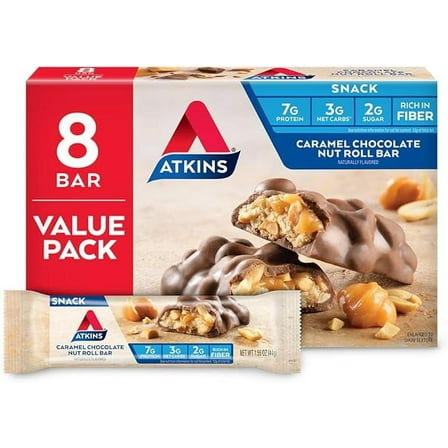 Atkins Caramel Chocolate Nut Roll Snack Bar, Protein Snack, High in Fiber, 2g Sugar, 8 Count