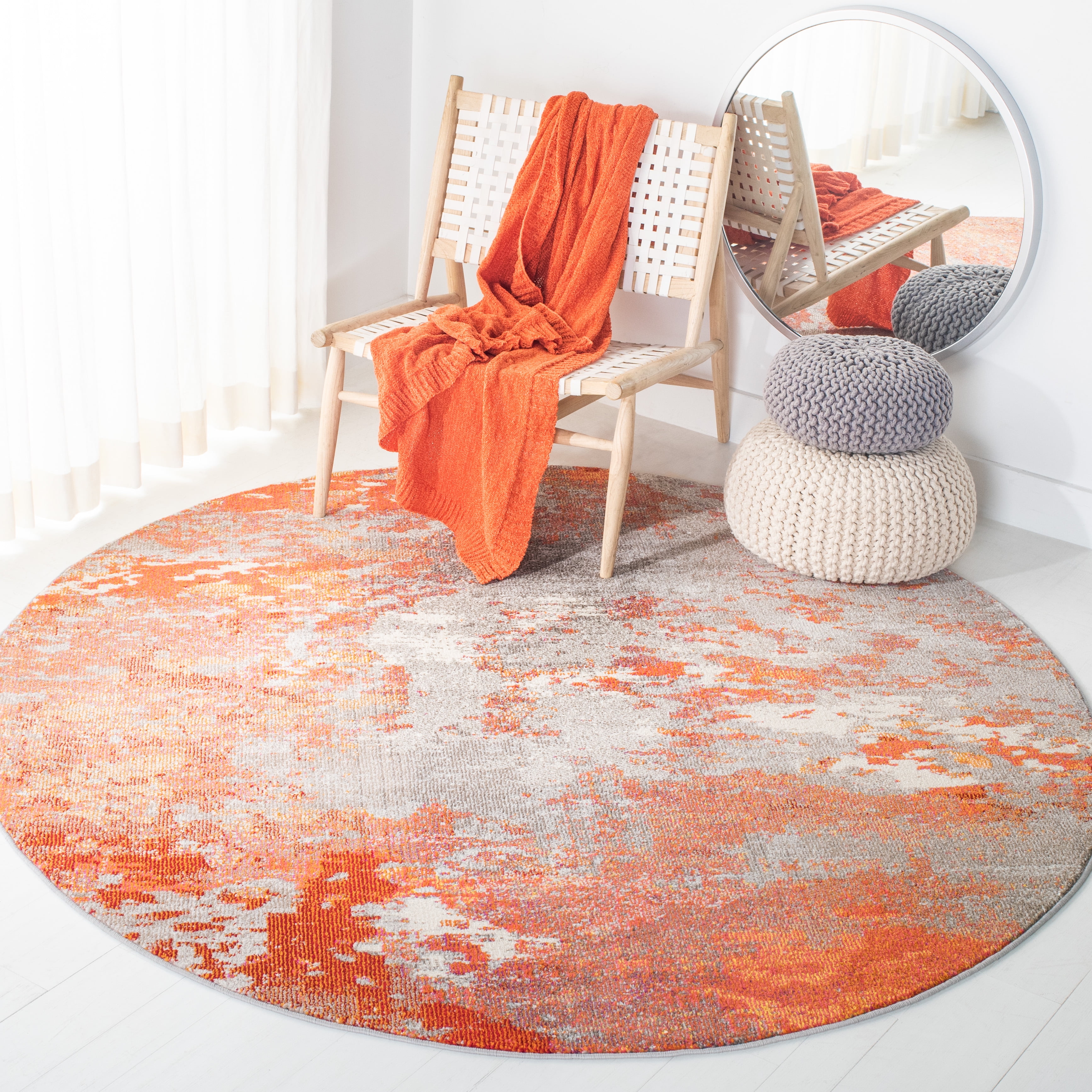 SAFAVIEH Madison Oscar Abstract Distressed Area Rug, Grey/Orange, 8' x 8' Round
