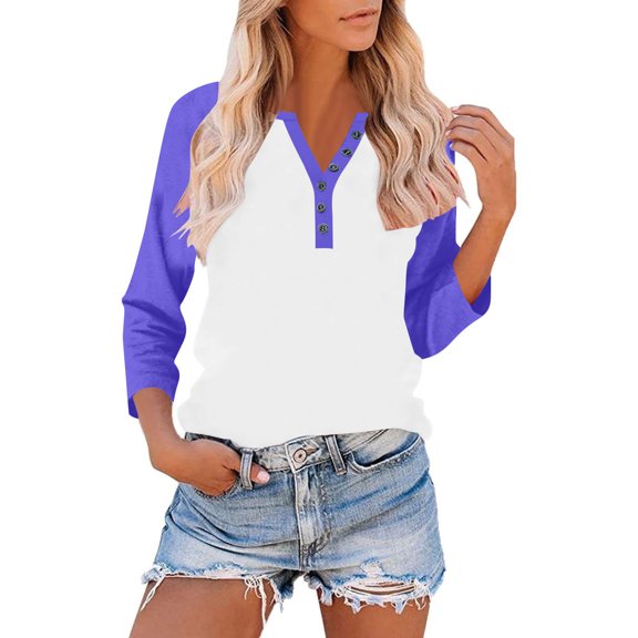 Dagugfen 3/4 Length Sleeve Womens Tops Button V Neck Color Block Casual Slim Fitting Shirts for Going Out