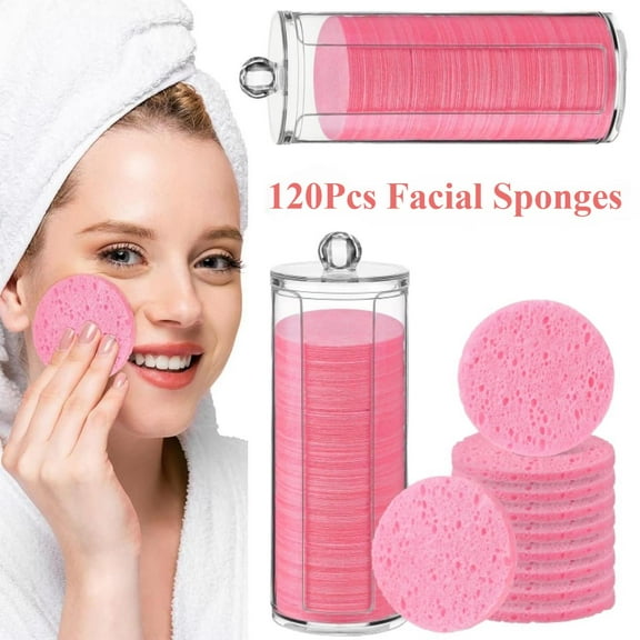 120Pcs Pink Compressed Facial Sponges Disposable Natural Face Sponges Round Soft Pads with Container for Washing Face Cleansing Exfoliating Esthetician Makeup Removal Travel,Hand Tools Kits,Springtok