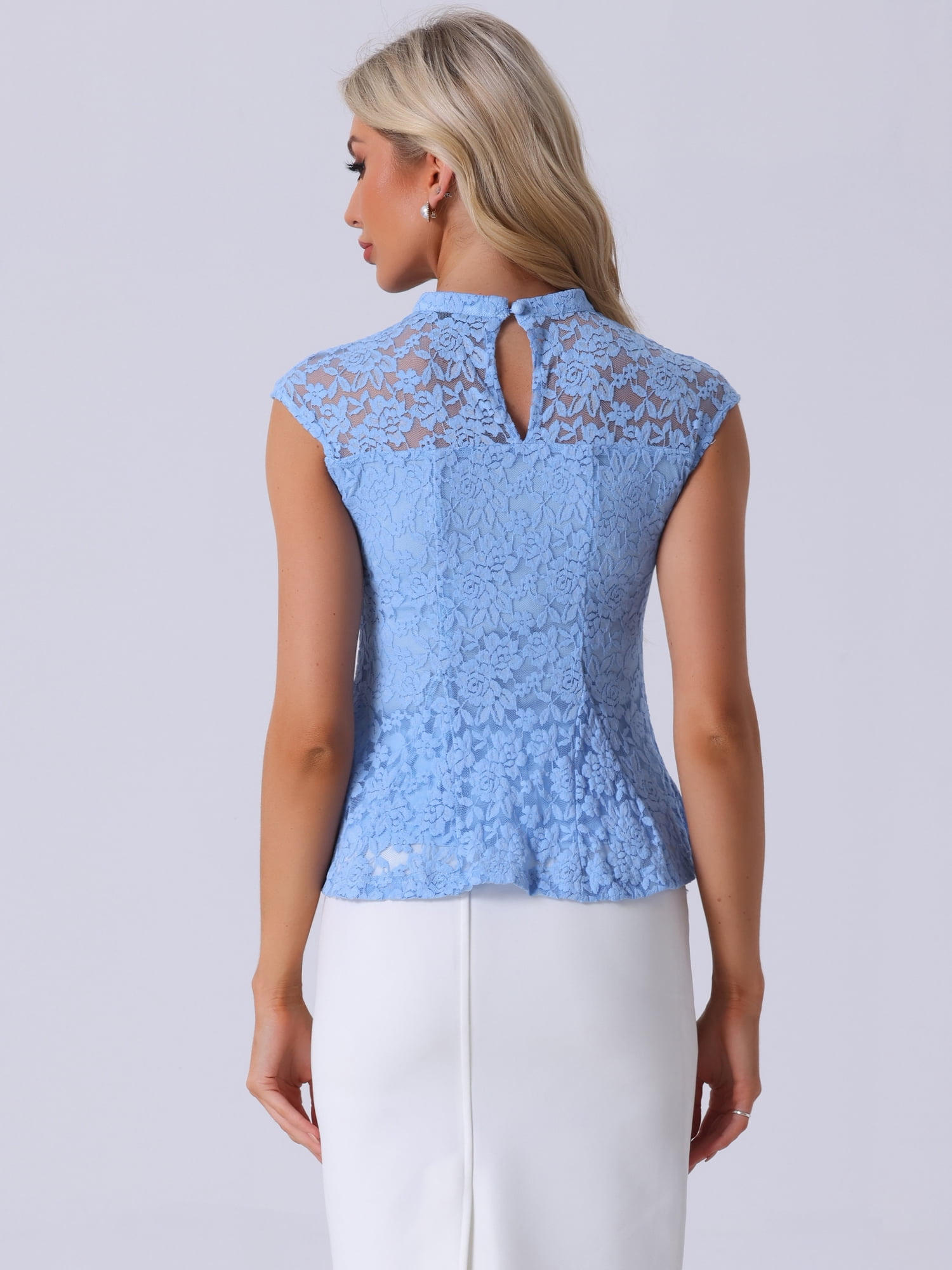 DARING DIVA Lace Floral Crochet Round Neck Peplum Blouse XS Sky Blue