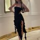 thumbnail image 4 of Vestido Midi sin tirantes con hombros descubiertos para mujer, maxivestido de playa con volantes dividido, elegante, ajustado, para fiesta de verano, 4 of 5