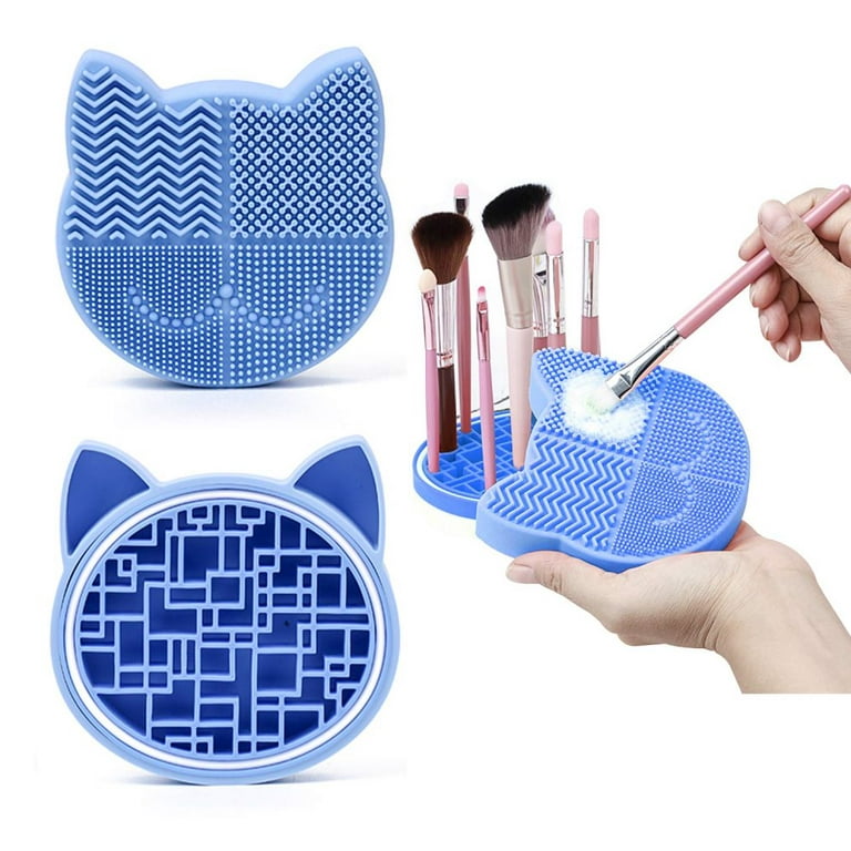 3 in 1 Makeup Brush Cleaning Mat with Brush Drying Holder, Silicon Cat  Shaped Brush Cleaner Pad include Cosmetic Brush Organizer Rack（Blue) 