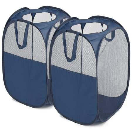Pop-Up Hamper, Magicfly Foldable Pop-Up Mesh Hamper with Reinforced Carry Handles, Laundry Mesh Basket Blue, Pack of