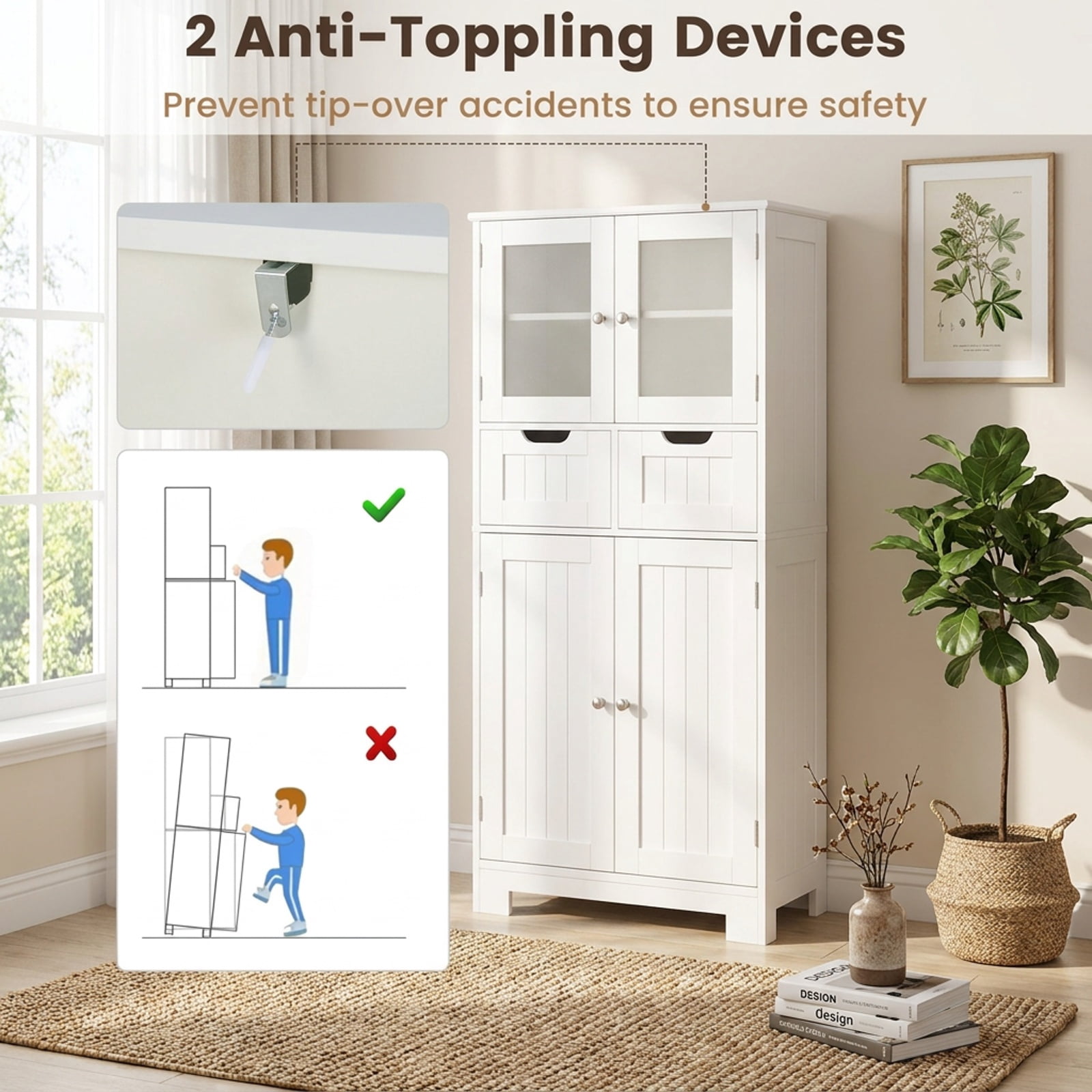 Vebreda Freestanding Bathroom Storage Cabinet, 4 Door Freestanding Bathroom Floor Storage Cabinet with 2 Drawers and Glass Doors