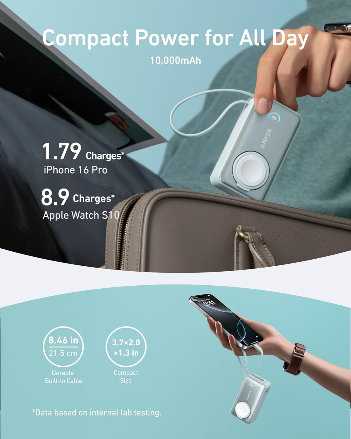 Anker MagGo Power Bank for Apple Watch, Officially Certified 10,000mAh Compact Battery Pack with Built-in USB-C Cable, 35W Max, for iPhone 15 Series, Samsung, iPad, AirPods, and More(Green)