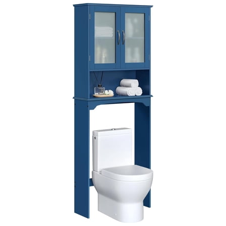 Over The Toilet Storage with 2-Door Tempered Glass Cabinet, Wooden Space-Saving with Toilet Rack and Inner Adjustable Shelf, L25xW9xH66, Navy Blue