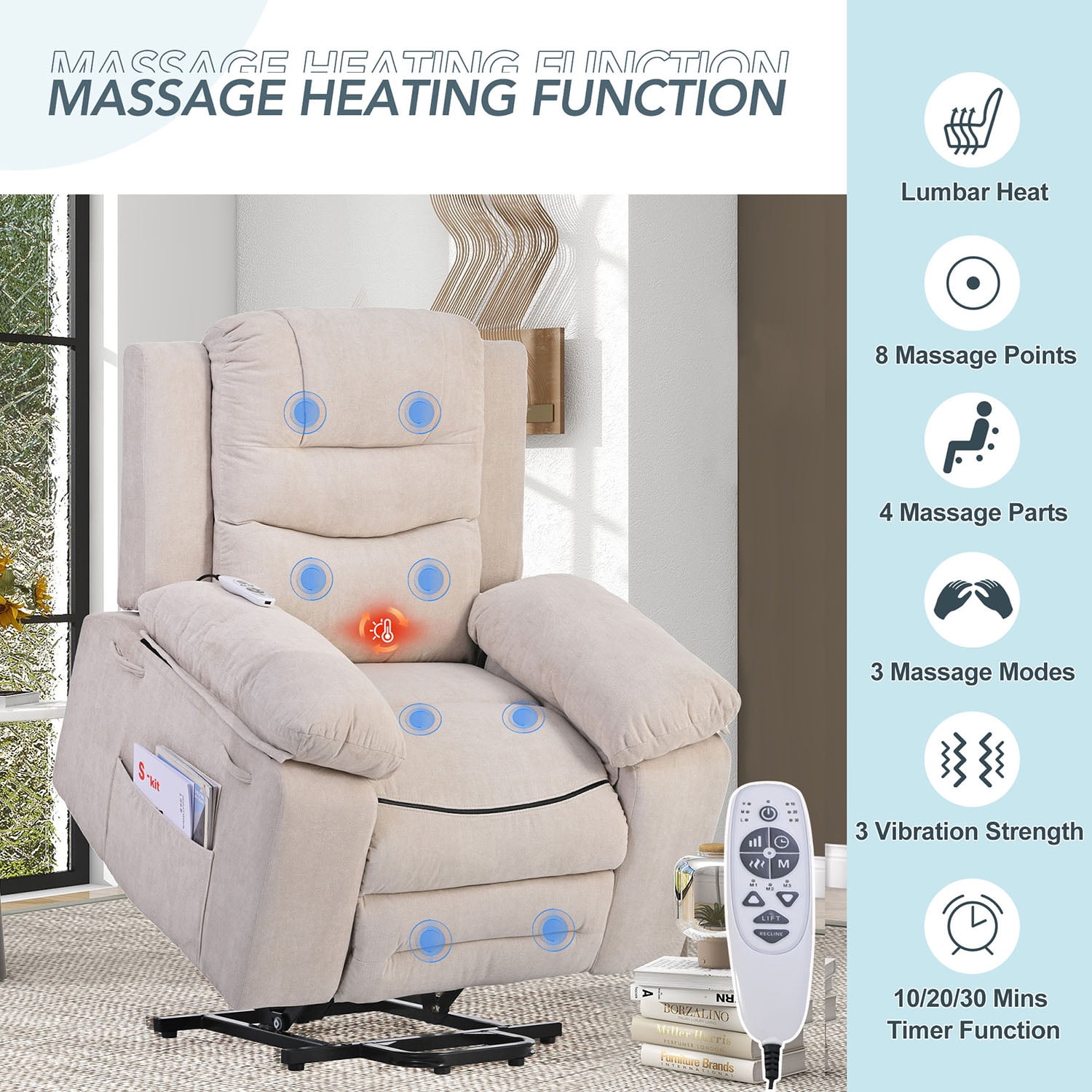 Kadyn Massage Recliner, Modern Power Lift Chair for Elderly, Linen Recliner Chair with Adjustable Massage, Heating Function and Side Pocket, Beige