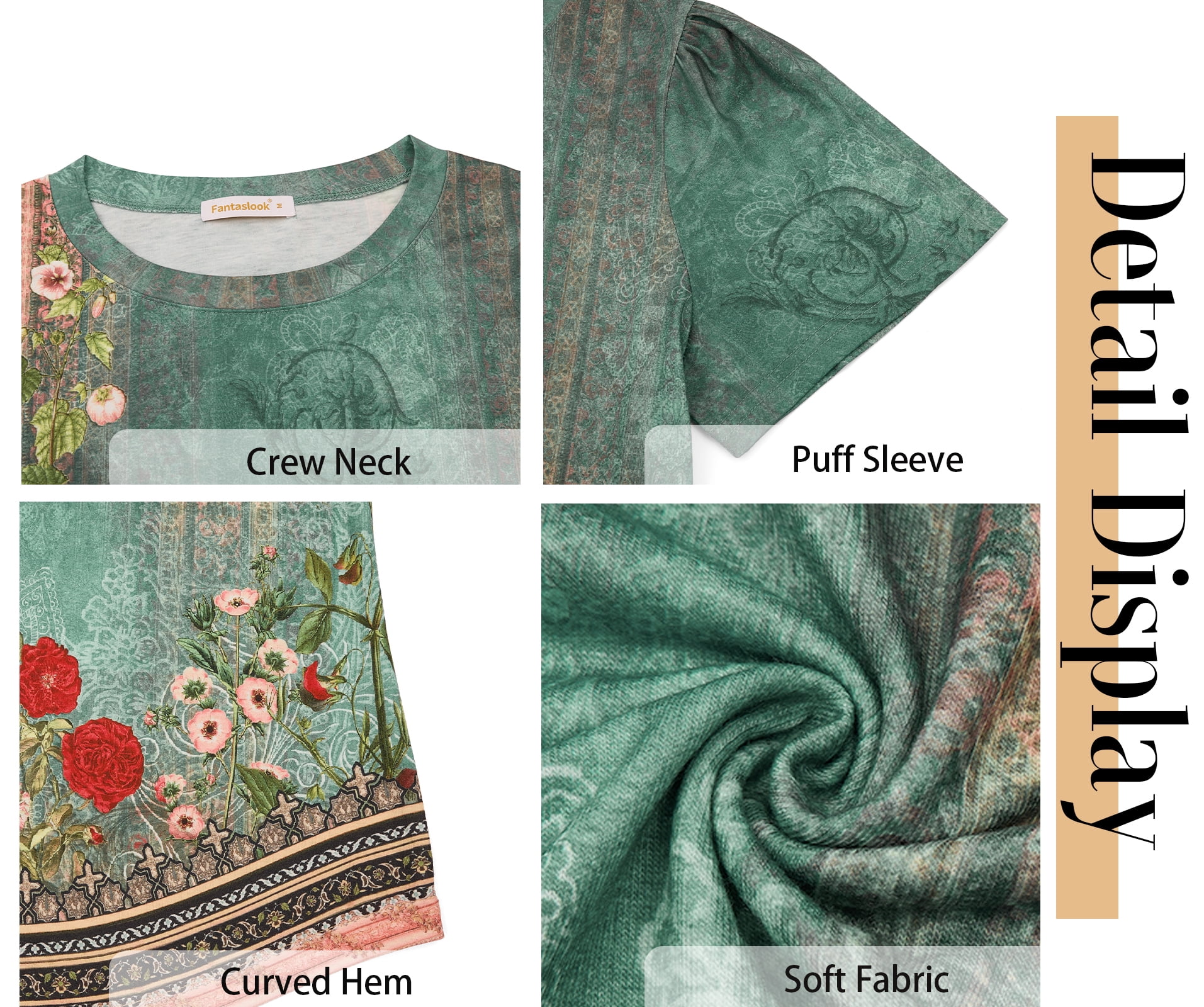 Fantaslook Womens Summer Tops Dressy Casual Short Sleeve Shirts Crew Neck Tunic Floral Blouses