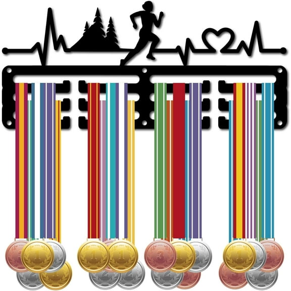 Running Medal Holder Hangers Medal Display Rack Organizer Small Metal Iron Tree Shelf Frame Medal Ribbon Plaques Hanger Wall Mounted with 12 Hook for Race Athlete Sports Black 11.4x5Inch DIY