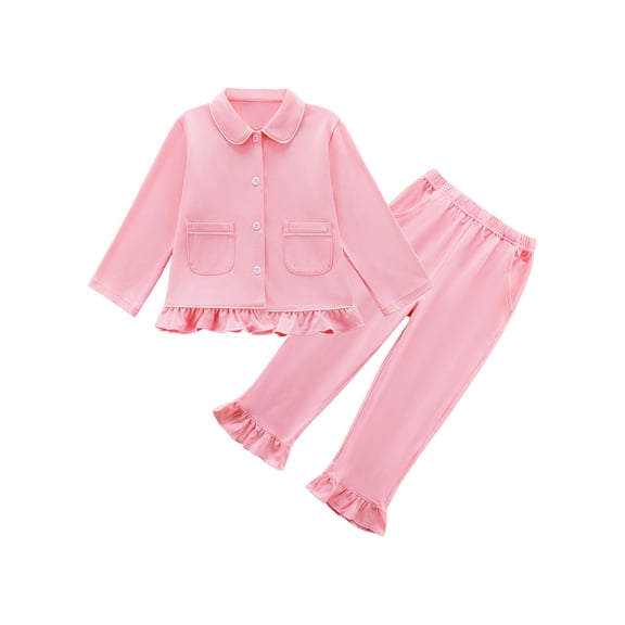 Usaibhir Toddler Kids Baby Girl Solid Pjs Ruffle Long Sleeve Button Shirt Top and Pants Cotton 2Piece Pajamas Set 18M-6T