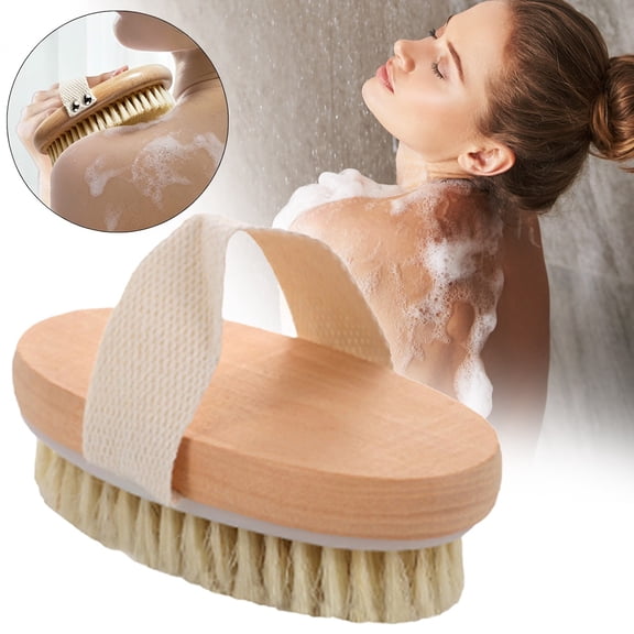 Body Exfoliating Brush, Natural Wild Boar Bristle Brush for Dry Brushing, Back Scrubber for Shower, Wooden Brush for Smoothing and Softening Skin