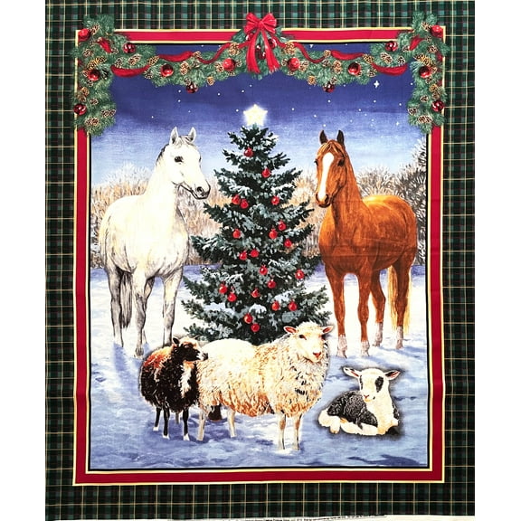 1 Panel - Horses & Sheep Farm Christmas Cotton Fabric Panel - Persis Clayton Weirs (Great for Quilting, Sewing, Craft Projects, Wall Hangings, and More) 35" X 44"