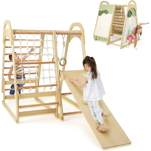 OLAKIDS 7 in 1 Kids Indoor Playground, Wooden Montessori Climber Playset with Tent Slide Climbing Rock Climbing Net for Toddlers Age 3+