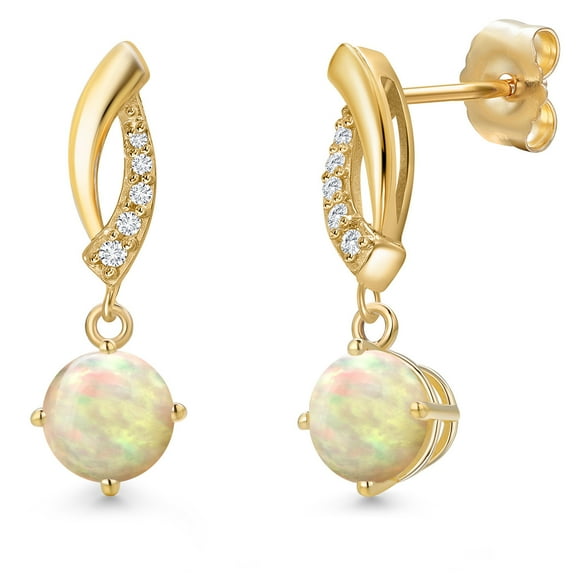Gem Stone King 1.17 Ct Round Cabochon White Ethiopian Opal G/H Lab Grown Diamond 14K Yellow Gold Earrings