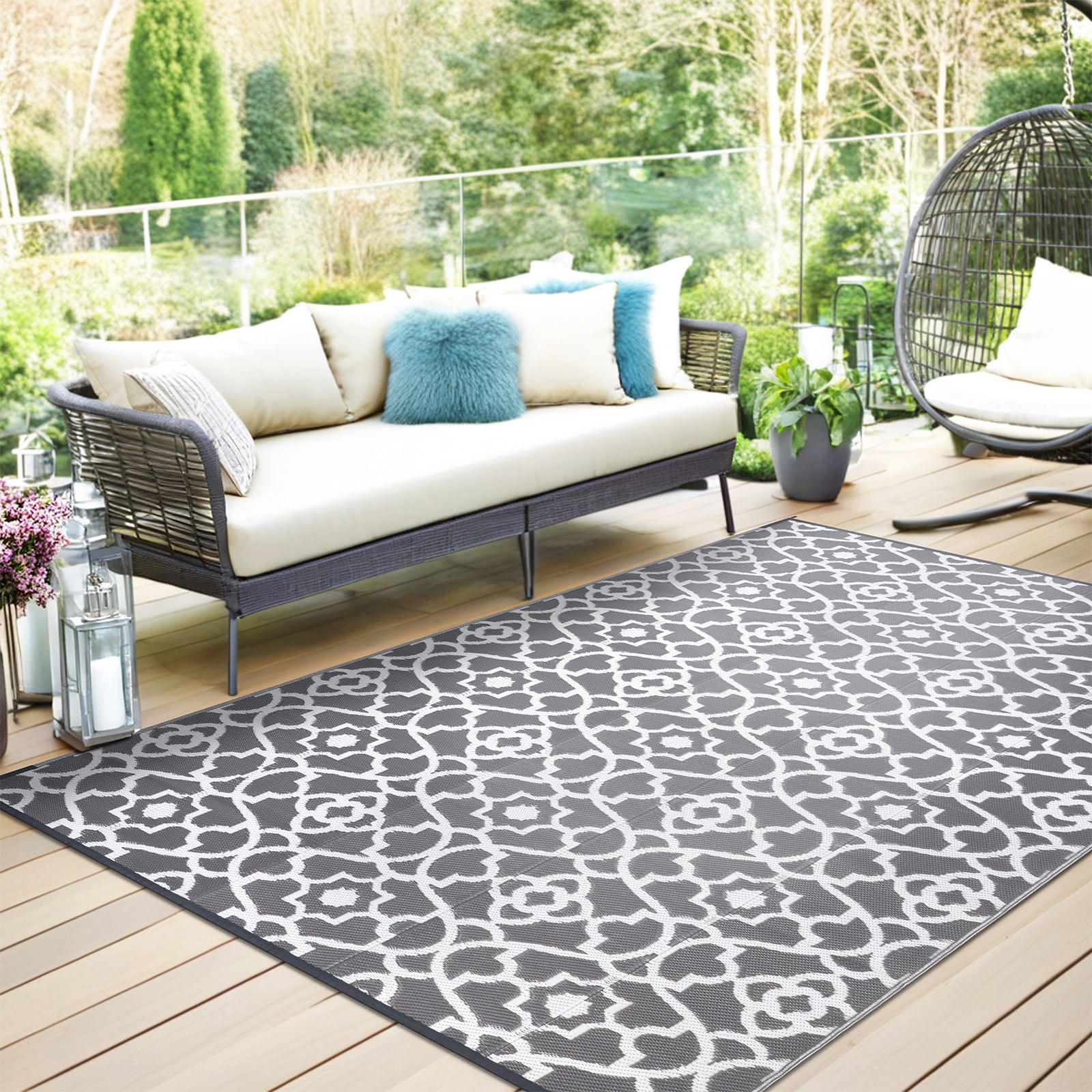 MeyJey 6'x9' Outdoor Rug, Patio Rug Waterproof RV Outdoor Rug Camping Rugs Reversible Plastic Mat for Camping, Balcony Apartment, Patio, Porch, Picnic, Beach, Gray