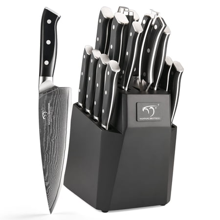 NANFANG BROTHERS Knife Set, 18-Piece Damascus Kitchen Knife Set with Block, ABS Ergonomic Handle for Chef Knife Set, Carving Fork, Knife Sharpener and Kitchen Shears, Knife Block Set