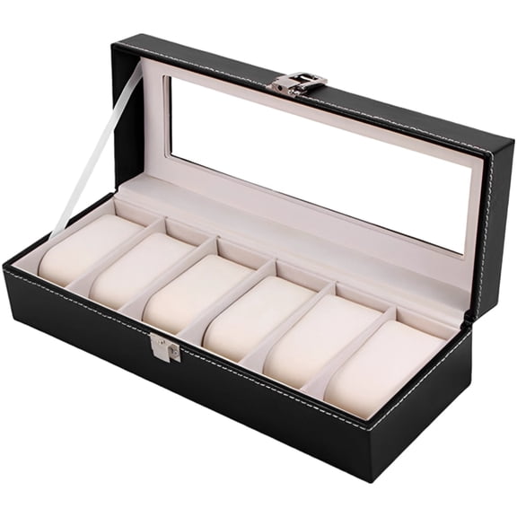 6 Slot Watch Box, Black PU Leather Watch Display Case, Glass Top, Removable Pillows, Soft Lining, Mens Watch Box, 11.8 x 4.3 x 3.1 in / 30 x 11 x 8 cm