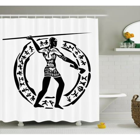 Hunting Decor Shower Curtain Tribal African Man With Lance Hunting Decor Shower Curtain Tribal African Man With Lance Primitive Folk Ethnic Symbols Circle