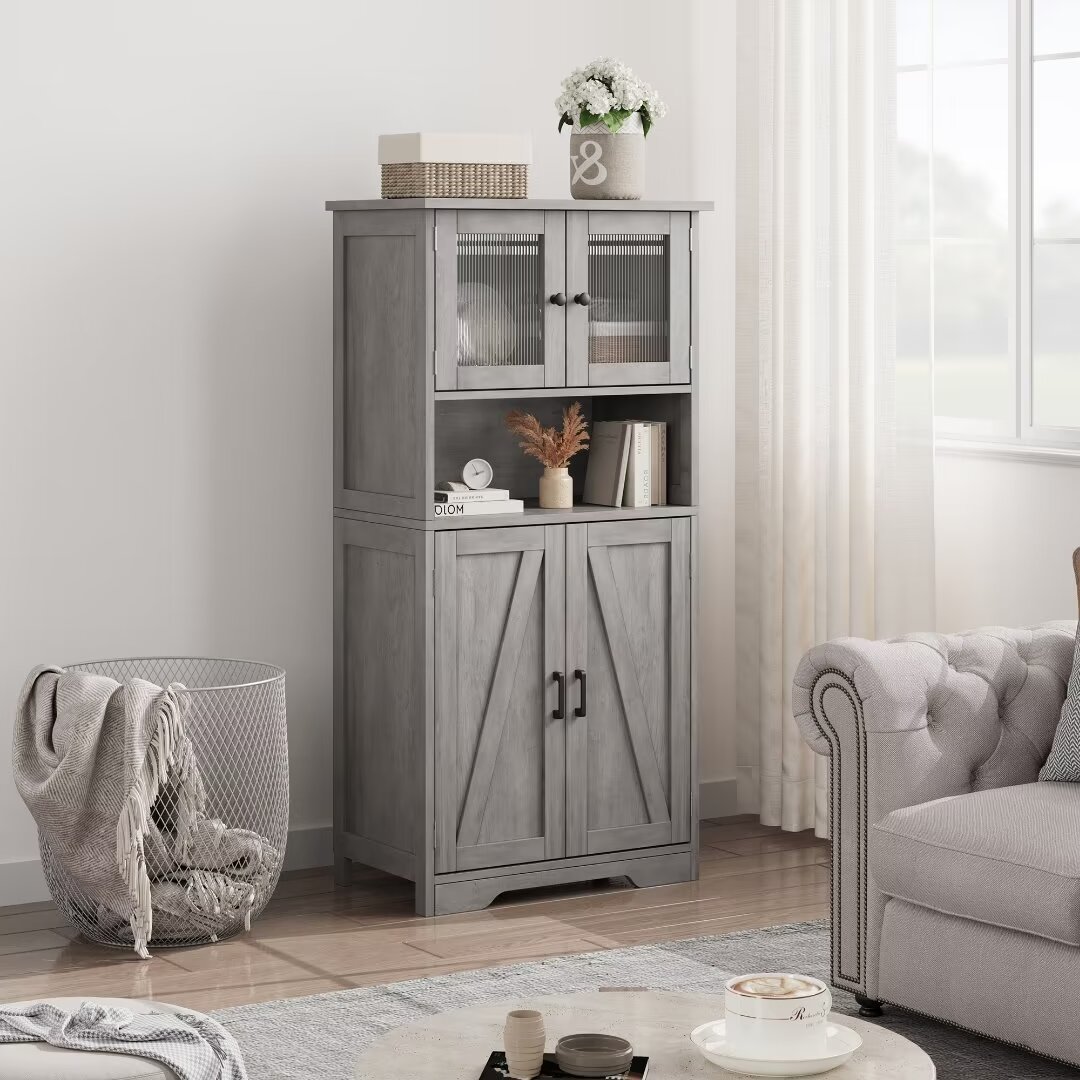 50" Kitchen Pantry Storage Cabinet with Glass Doors & Adjustable Shelves, Wooden Storage Cabinet for Kitchen Bathroom Living Room, Gray