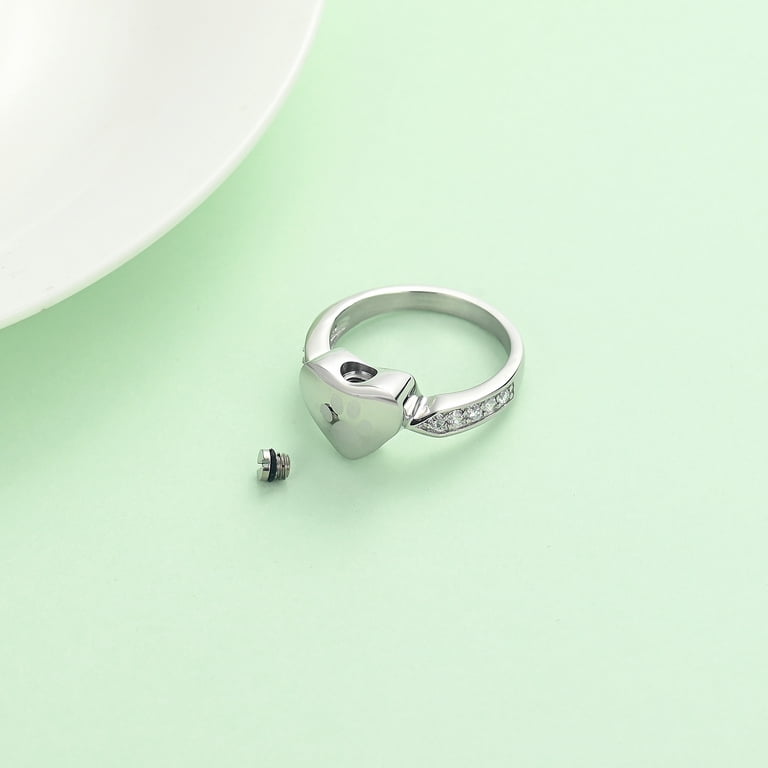 Dog Ashes Memorial Ring - Sterling Silver Paw Print Keepsake Ring For Pet Cremation Ashes | Forever In My Heart Urn Jewelry With Cubic Zirconia