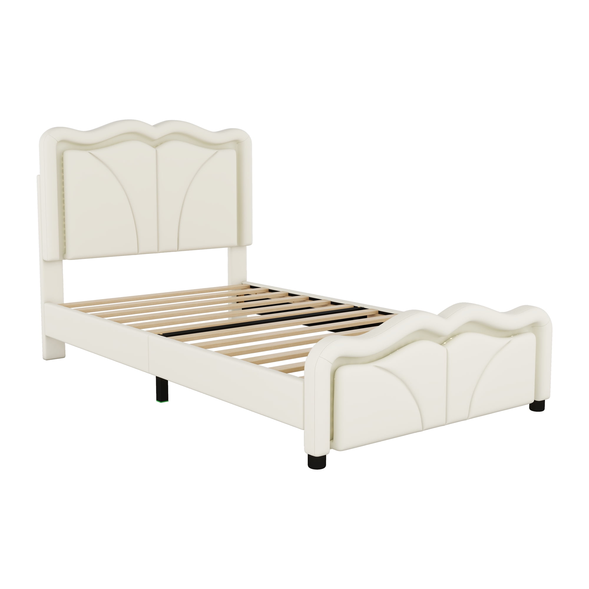EUROCO Upholstered Twin Platform Bed, Cartoon Bed with Adjustable Headboard and LED Light for Toddler Kids Teens Adults, Beige