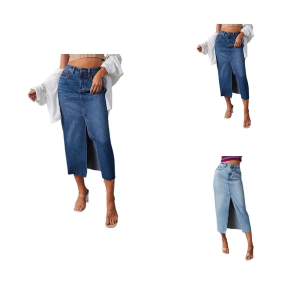 Denim Midi Skirt for Women High Waisted Front Slit Washed Blue Raw Hem Jean Skirt Streetwear