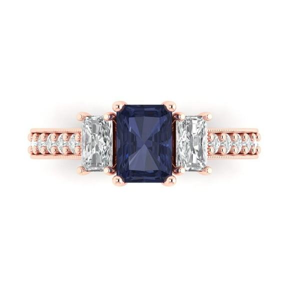 Three-Stone Engagement Ring for Women - 1.88ct Simulated Blue Sapphire in 14K Rose Gold Promise Ring