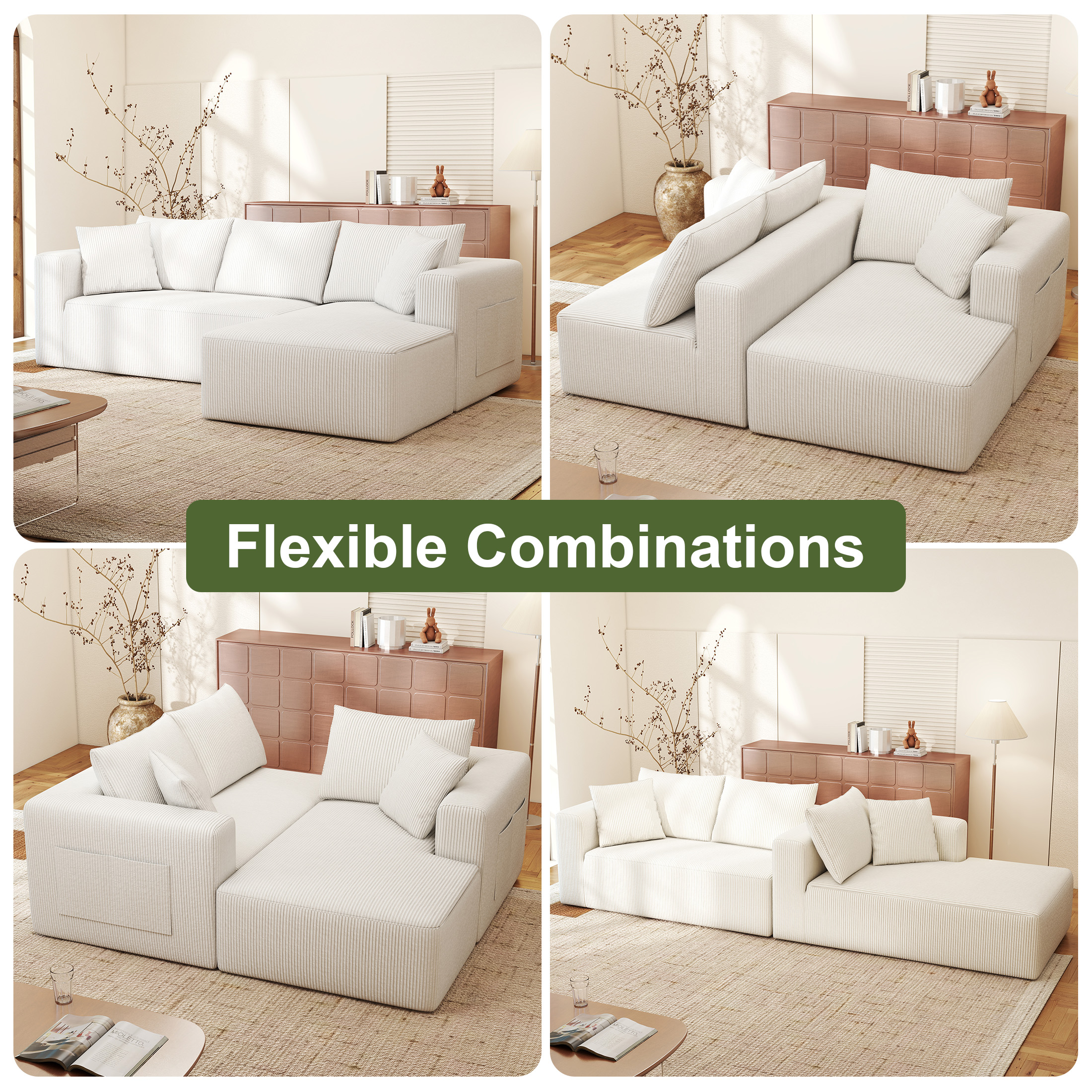 DEALTOPS 104'' Modular L-Shape Sectional Sofa with Chaise, Comfy Deep-Seat Cloud-Couch, Corduroy - White