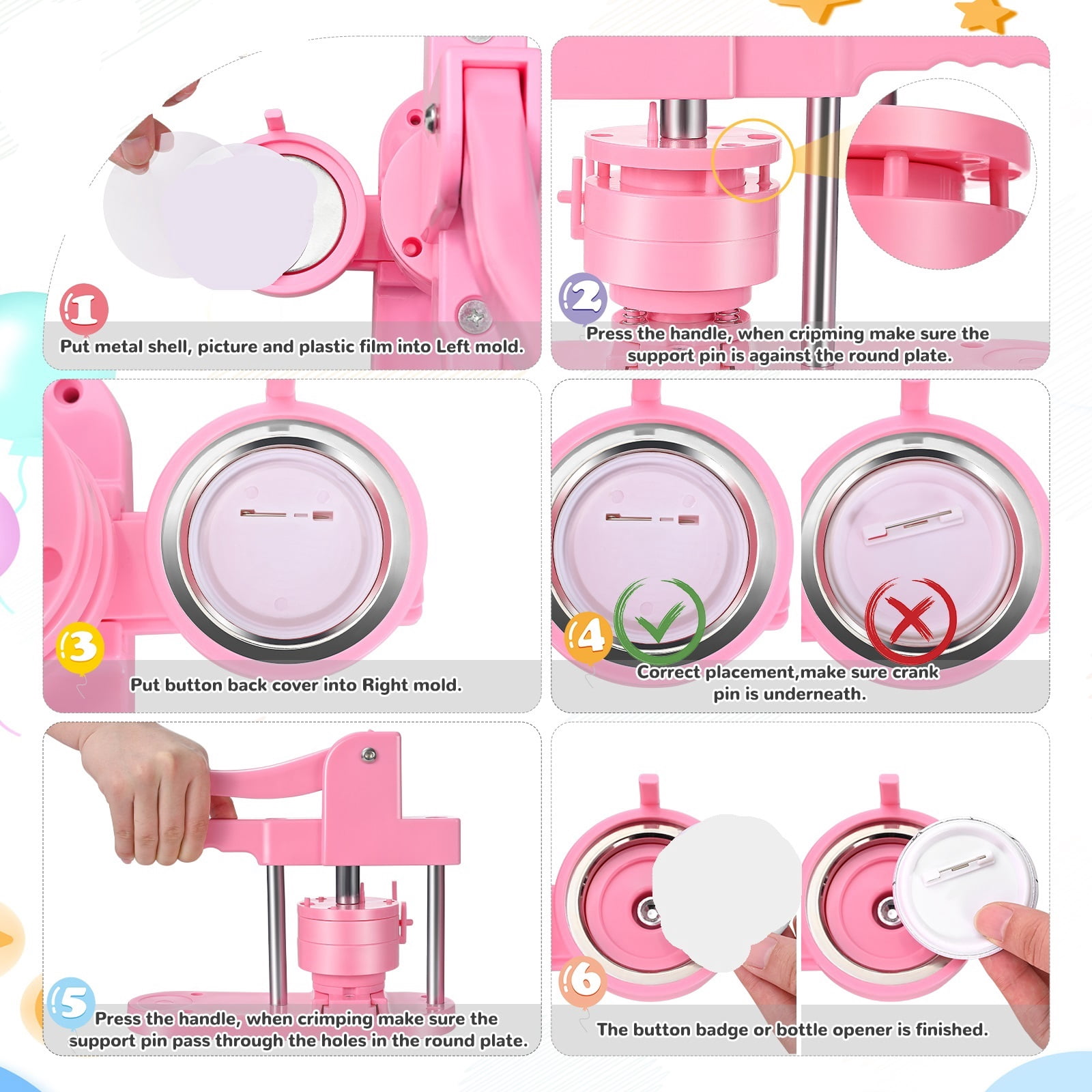 Pink Button Badge Maker Machine 32mm Mold Button Pin Press Machine ,Beginner-Friendly